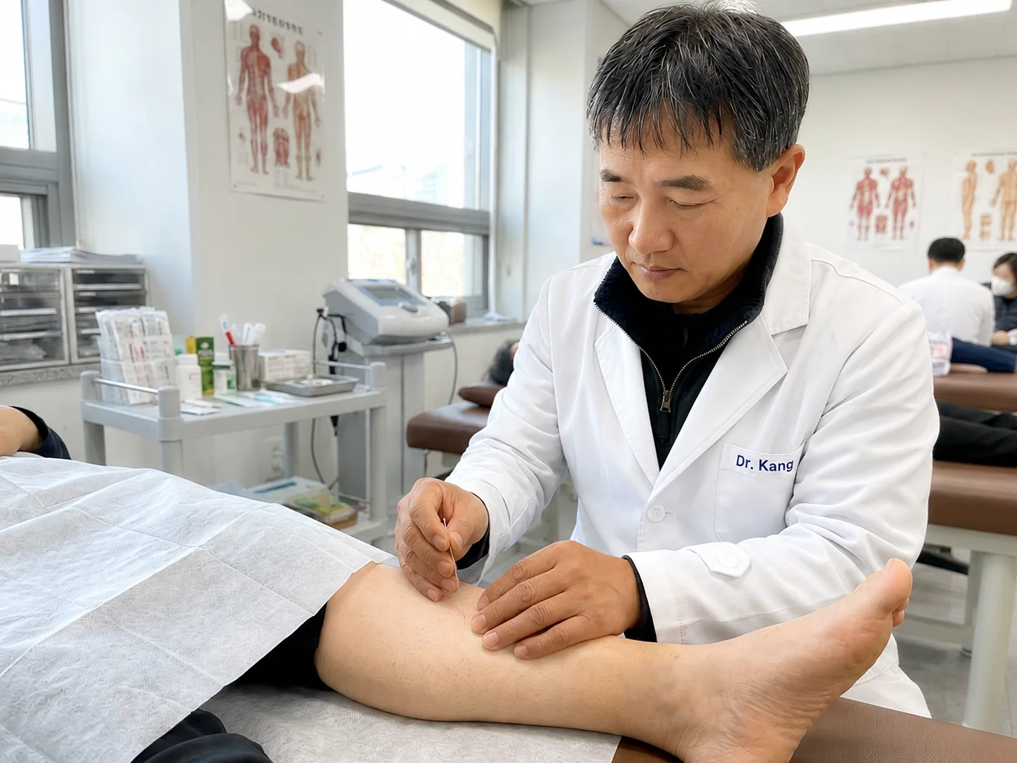 Dr. Kang selecting points during an acupuncture treatment